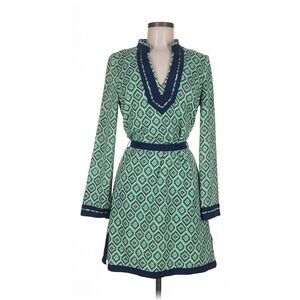 Esley Size M Green Argyle Print Long Sleeve V Neck Mini Dress Belted
